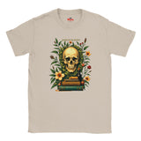 Natural t-shirt with a skull and books design on a white background