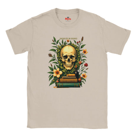 Natural t-shirt with a skull and books design on a white background