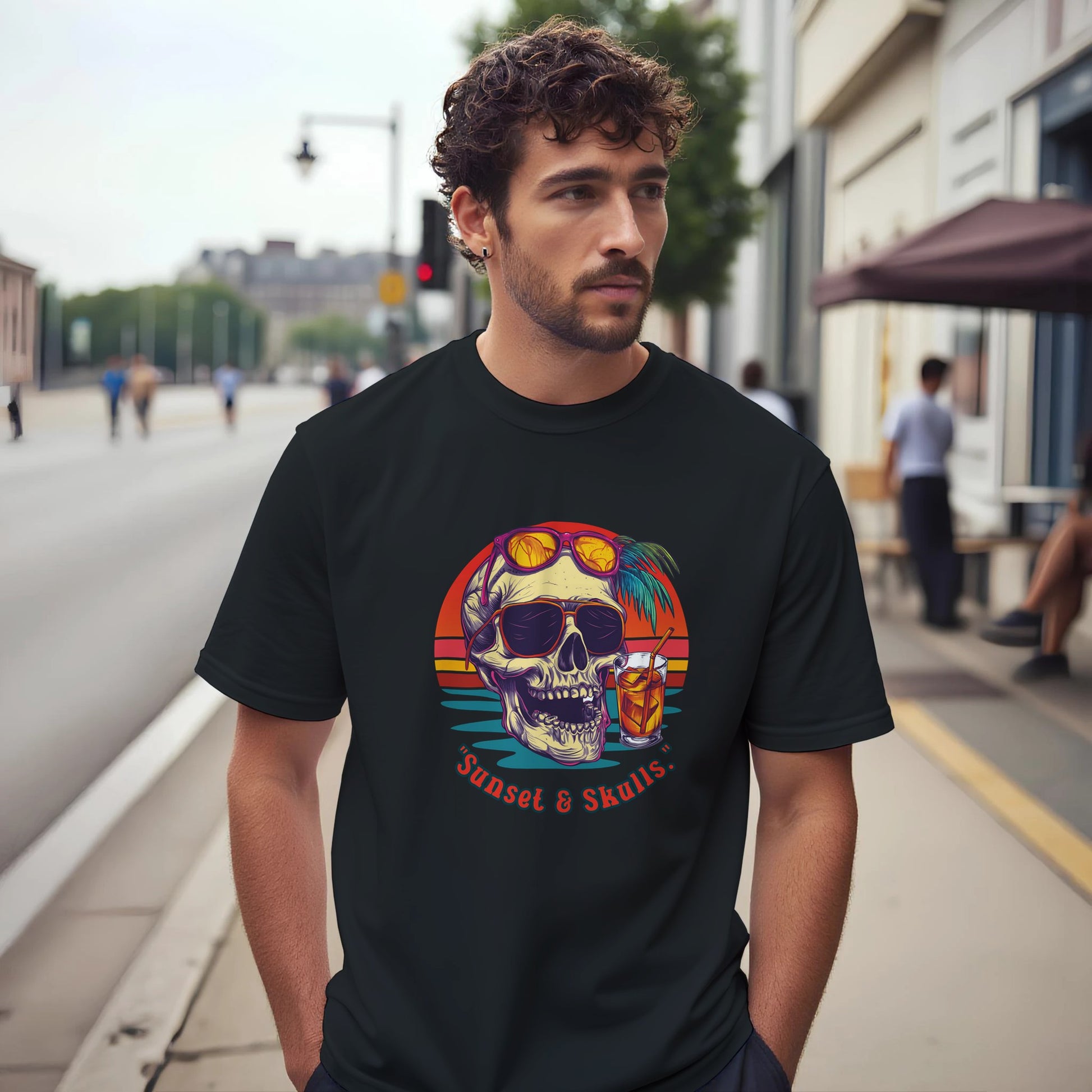 Man wearing a black t-shirt with a colorful graphic design on a city street.
