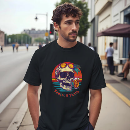 Man wearing a black t-shirt with a colorful graphic design on a city street.