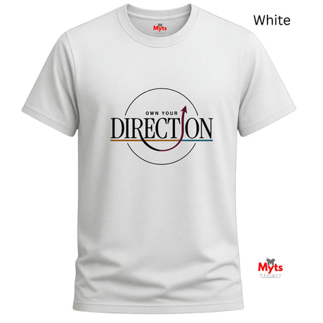 A white short-sleeve crewneck t-shirt featuring a graphic print on the front that reads 'OWN YOUR DIRECTION' with a circular arrow design. The brand name 'Myts' is visible on the inner neck label and as a watermark logo in the bottom right corner.