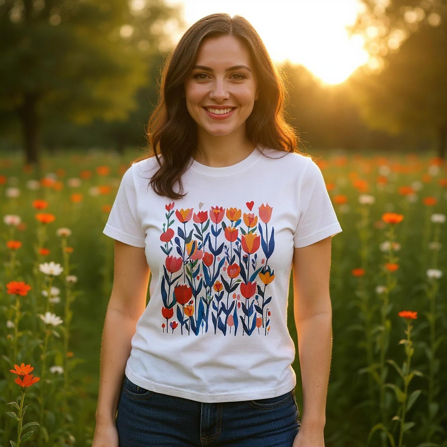 A woman standing in a field of poppies wearing a white floral t-shirt