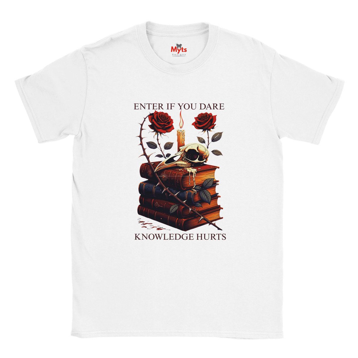 Enter If You Dare Gothic Book Skull Graphic T-Shirt