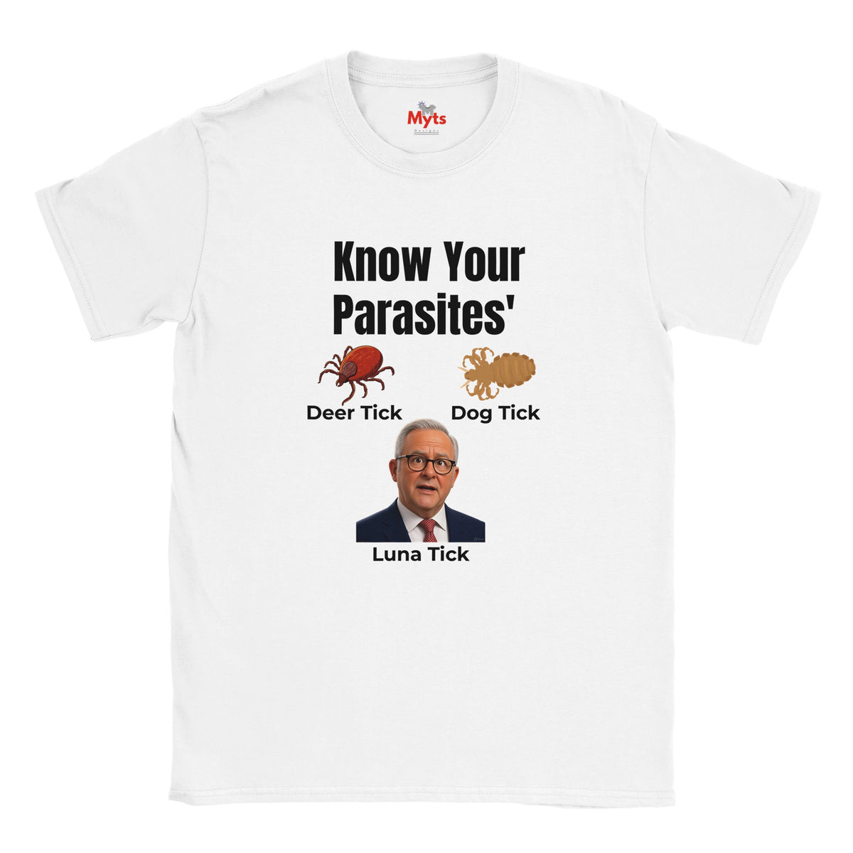 White Know Your Parasites T-shirt displayed flat on white background