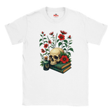 White t-shirt with a skull and floral design on a white background