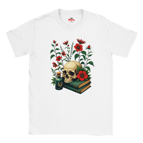 White t-shirt with a skull and floral design on a white background