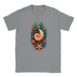 A gray crewneck t-shirt featuring a colorful graphic print of a nautilus shell, starfish, and seashells surrounded by green and orange seaweed, with the brand name 'Myts' printed inside the collar.