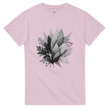 Pink t-shirt with leaf design on a white background