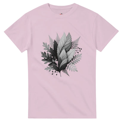 Pink t-shirt with leaf design on a white background