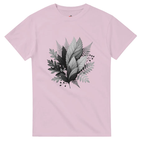 Pink t-shirt with leaf design on a white background