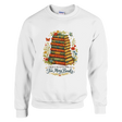 White sweatshirt featuring vintage stacked books artwork with floral accents and “There’s No Such Thing As Too Many Books” text.
