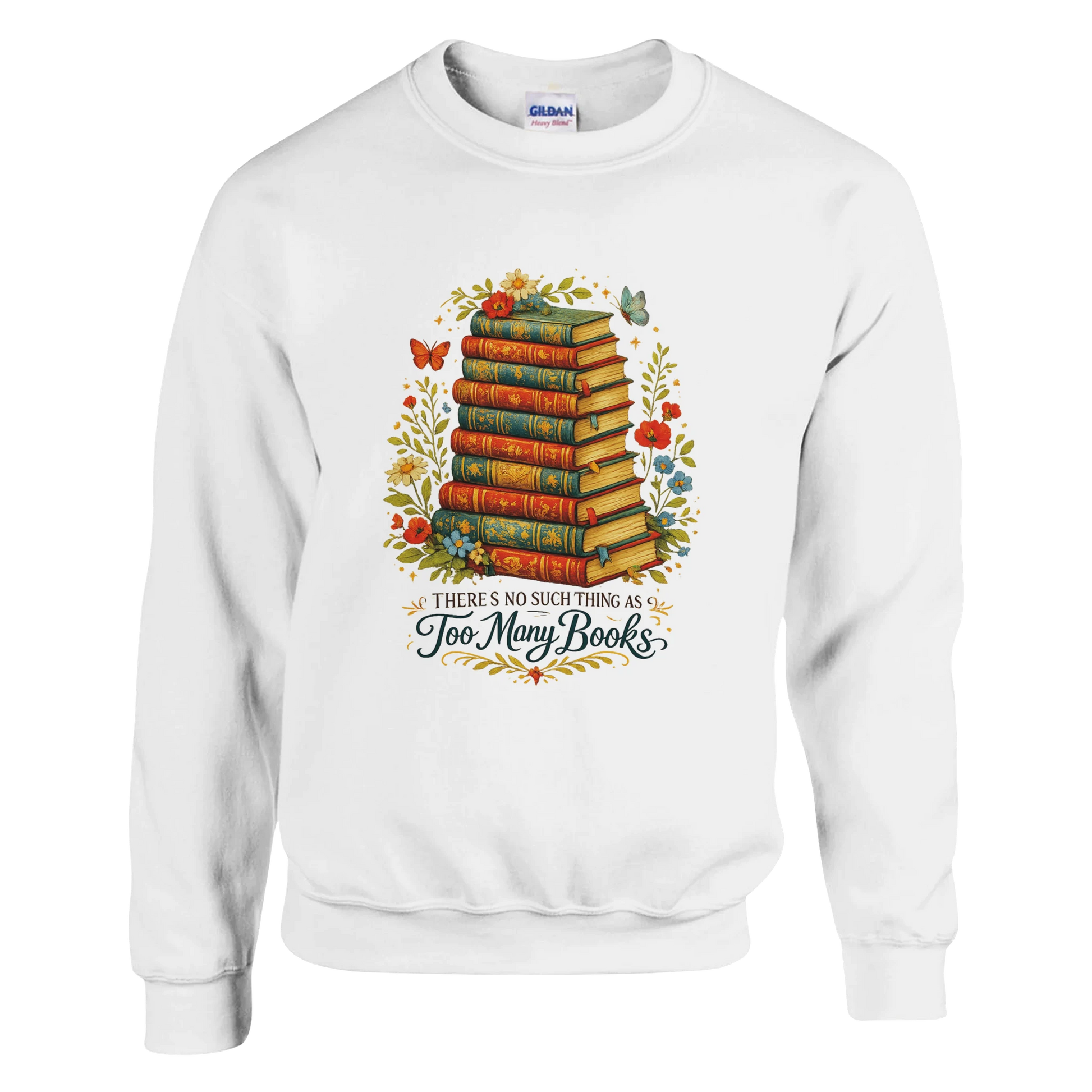 White sweatshirt featuring vintage stacked books artwork with floral accents and “There’s No Such Thing As Too Many Books” text.