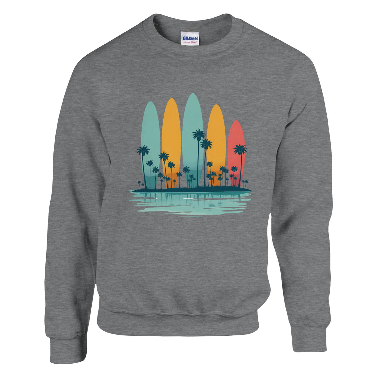 Gray sweatshirt with colorful surfboard and palm tree design on a white background