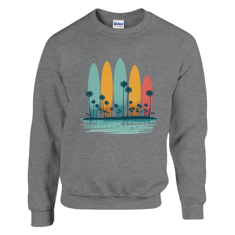 Gray sweatshirt with colorful surfboard and palm tree design on a white background