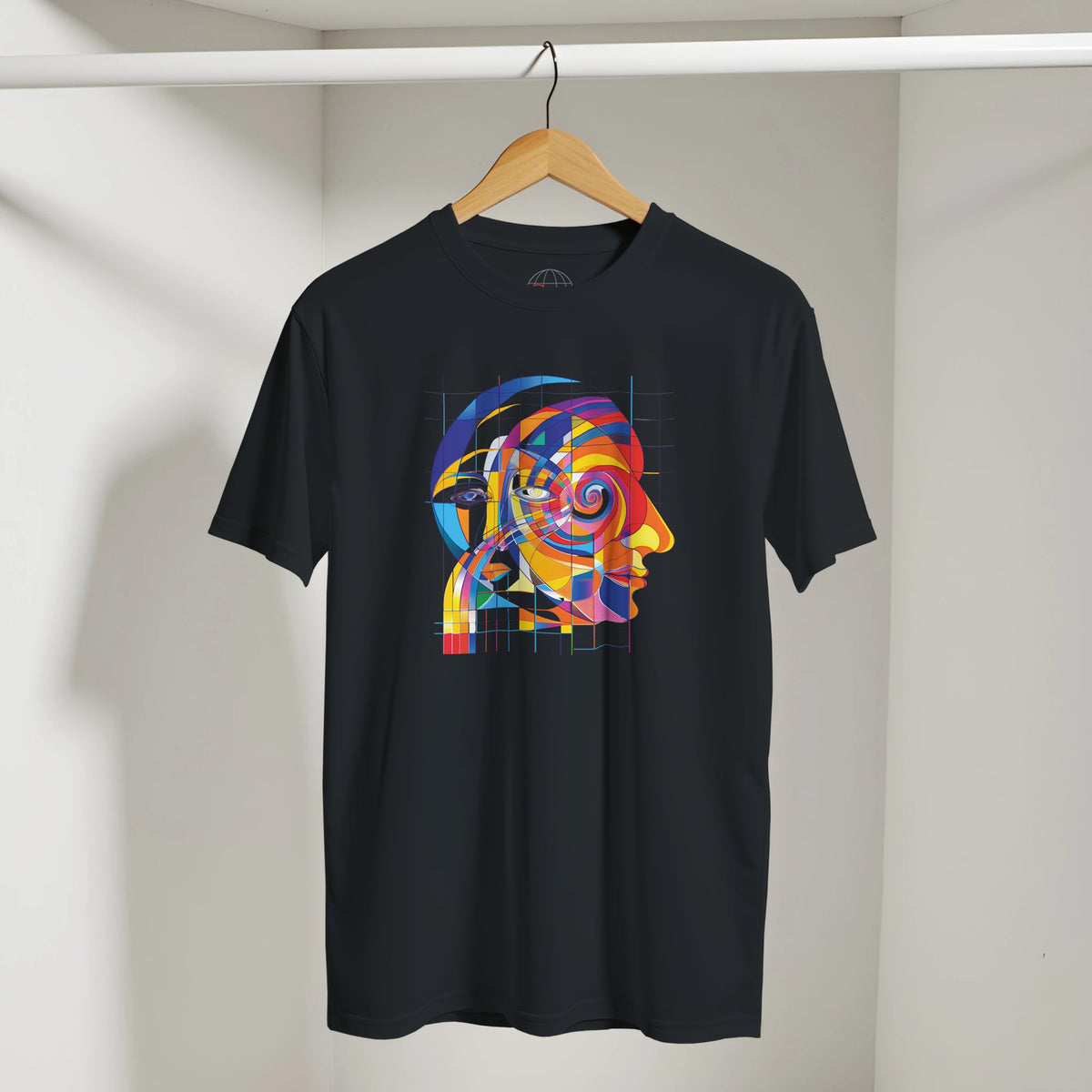 Black t-shirt with colorful abstract design on a hanger against a neutral background