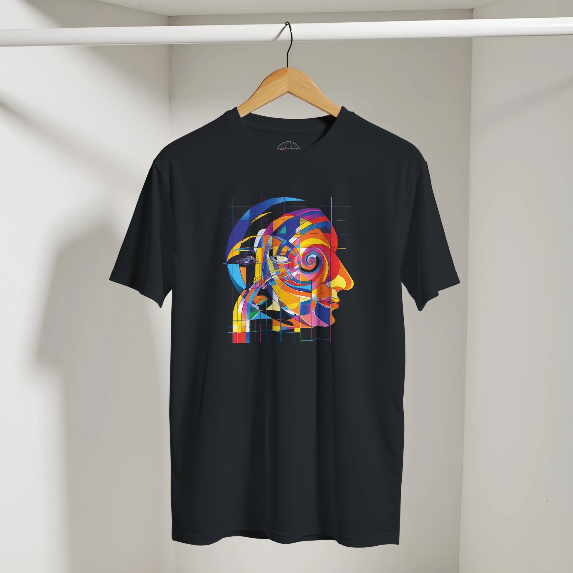 Black t-shirt with colorful abstract design on a hanger against a neutral background