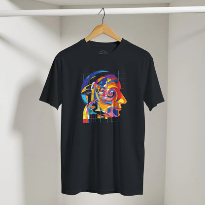 Black t-shirt with colorful abstract design on a hanger against a neutral background