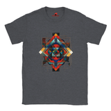 Dark heather unisex T-shirt featuring an intricate symmetrical geometric pattern in vibrant blues, oranges, reds, and metallic tones, tribal and modern art fusion design by MytsDesigns.com