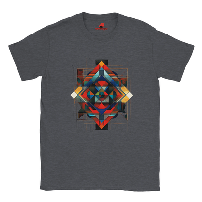 Dark heather unisex T-shirt featuring an intricate symmetrical geometric pattern in vibrant blues, oranges, reds, and metallic tones, tribal and modern art fusion design by MytsDesigns.com