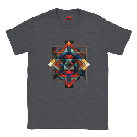 Dark heather unisex T-shirt featuring an intricate symmetrical geometric pattern in vibrant blues, oranges, reds, and metallic tones, tribal and modern art fusion design by MytsDesigns.com