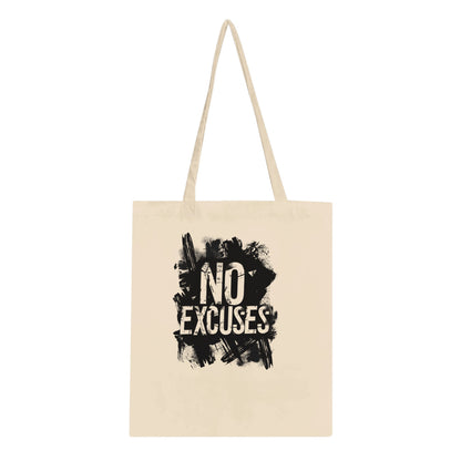 Beige tote bag with 'NO EXCUSES' text on a white background