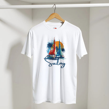 White t-shirt with a sailboat graphic and 'Sailing' text on a hanger against a white background