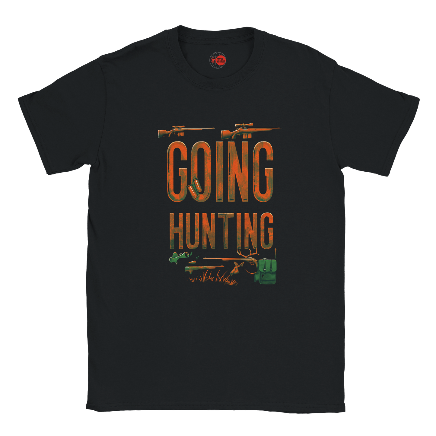 Black t-shirt with 'Going Hunting' graphic design on a white background