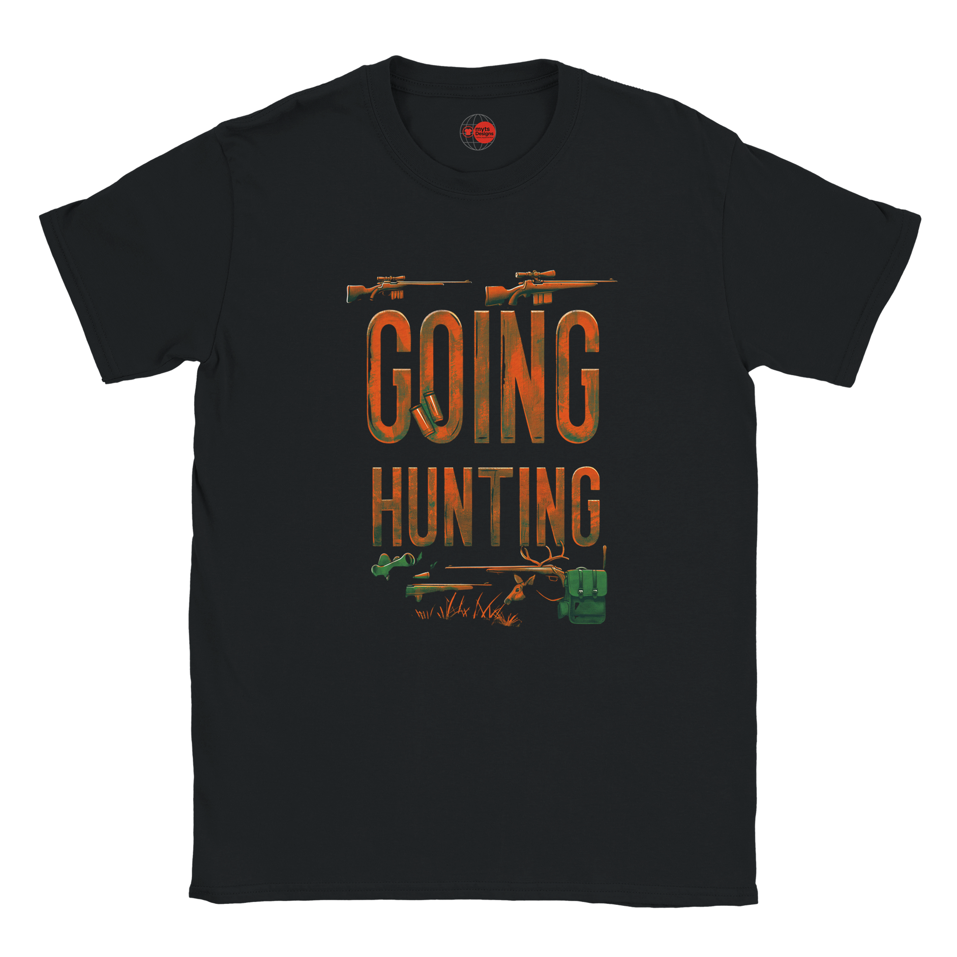 Black t-shirt with 'Going Hunting' graphic design on a white background