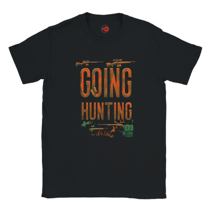 Black t-shirt with 'Going Hunting' graphic design on a white background