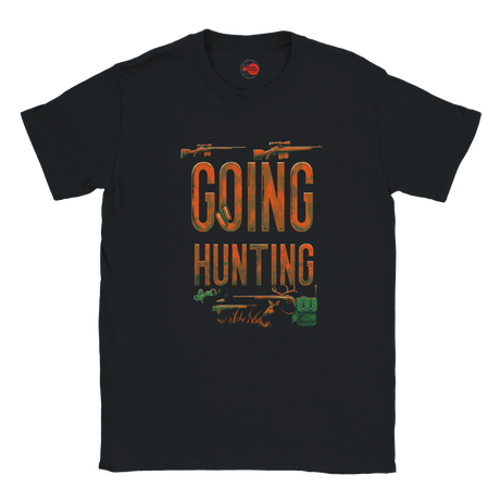 Black t-shirt with 'Going Hunting' graphic design on a white background