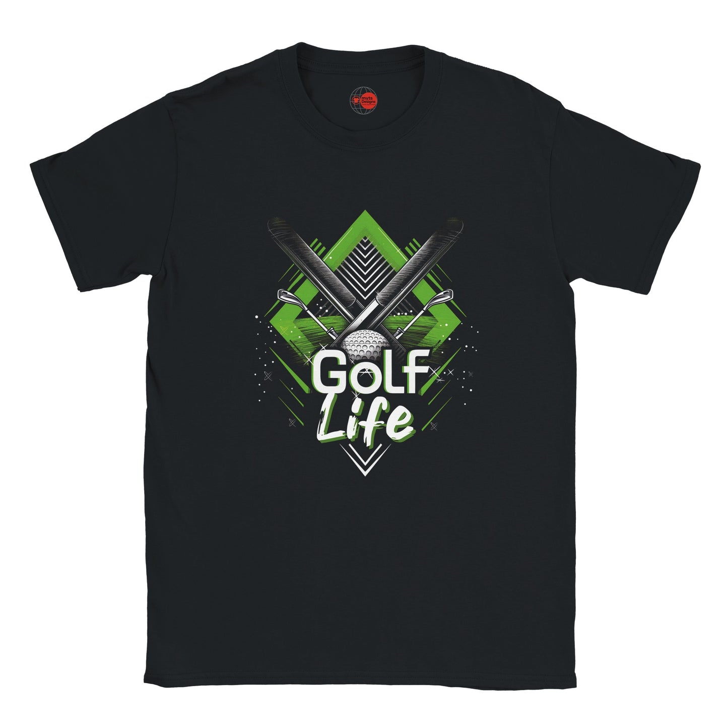 Black t-shirt with 'Golf Life' graphic design featuring golf clubs and a golf ball on a white background.