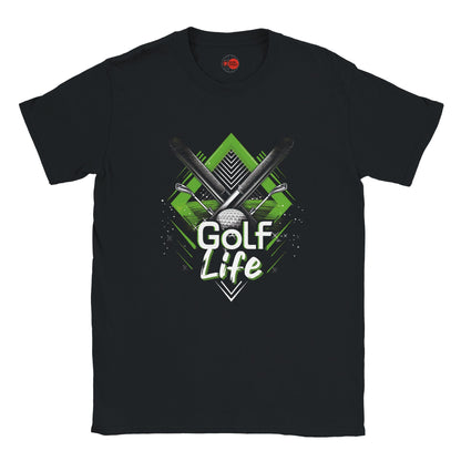 Black t-shirt with 'Golf Life' graphic design featuring golf clubs and a golf ball on a white background.