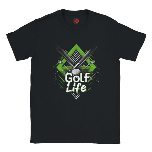 Black t-shirt with 'Golf Life' graphic design featuring golf clubs and a golf ball on a white background.