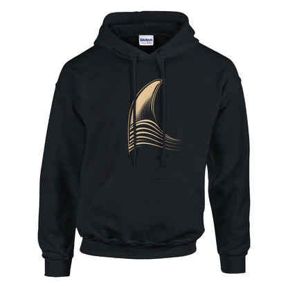 Black hoodie with a gold feather design on a white background