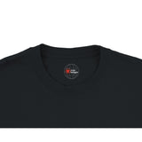 Black t-shirt with a logo on the collar against a white background