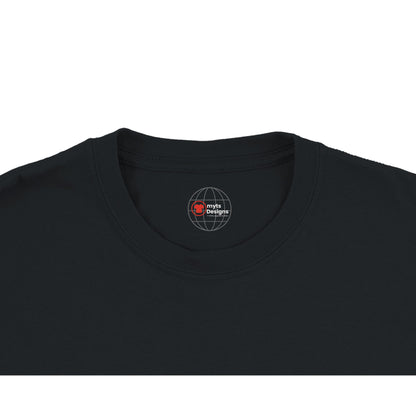 Black t-shirt with a logo on the collar against a white background
