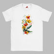 “White T-shirt featuring a vibrant wildflower bouquet design in artistic watercolor style with red, yellow, and green tones, exclusive to MytsDesigns.com”