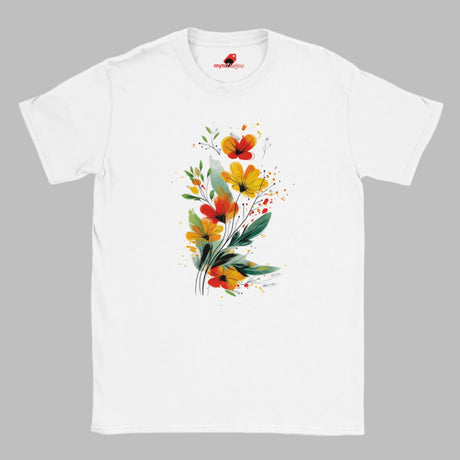 “White T-shirt featuring a vibrant wildflower bouquet design in artistic watercolor style with red, yellow, and green tones, exclusive to MytsDesigns.com”