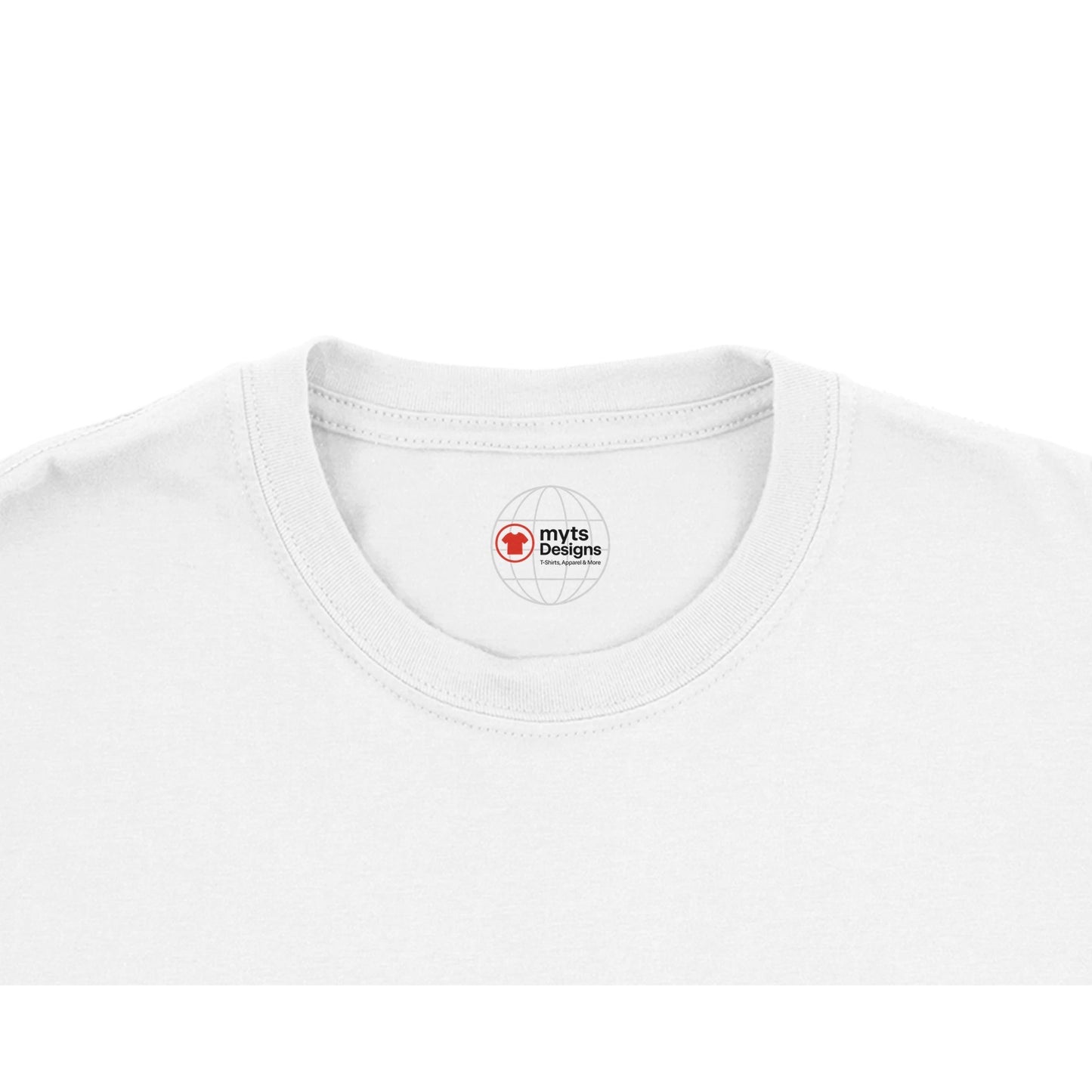 Close-up of a white t-shirt with a small logo on the collar against a white background