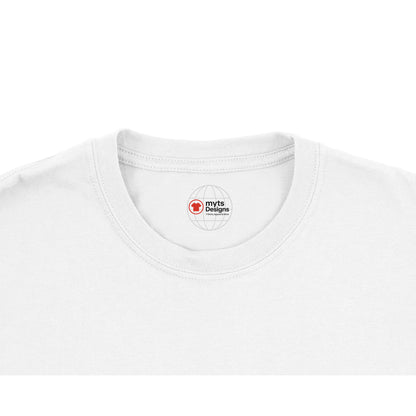 Close-up of a white t-shirt with a small logo on the collar against a white background