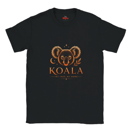 A black short-sleeve crewneck t-shirt featuring a graphic print of a koala face with a crescent moon and leaf motif, above the text 'KOALA' and 'MY TREE, MY HOME' in orange.