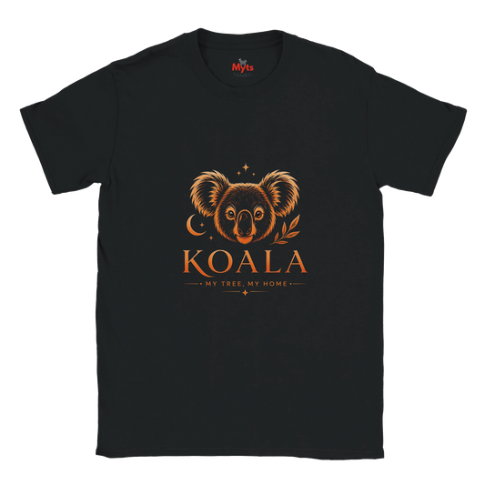 A black short-sleeve crewneck t-shirt featuring a graphic print of a koala face with a crescent moon and leaf motif, above the text 'KOALA' and 'MY TREE, MY HOME' in orange.