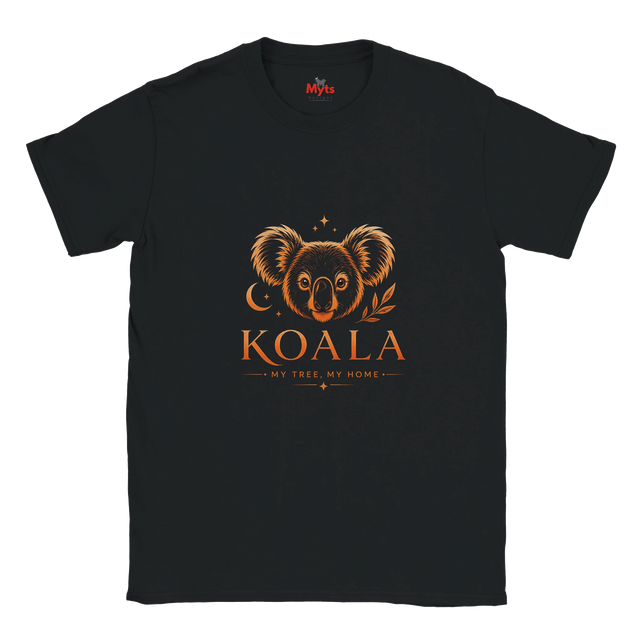 A black short-sleeve crewneck t-shirt featuring a graphic print of a koala face with a crescent moon and leaf motif, above the text 'KOALA' and 'MY TREE, MY HOME' in orange.
