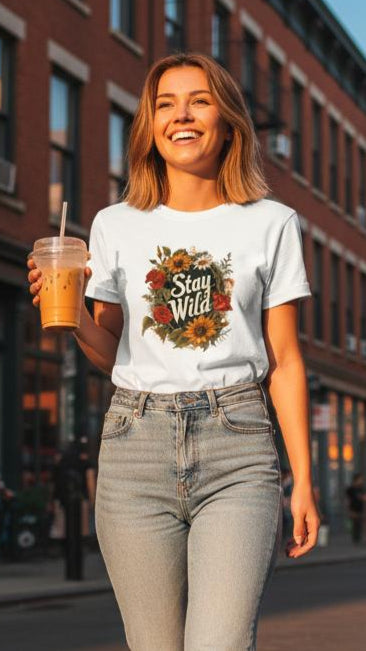 A woman walking on a city street holding a drink, wearing a t-shirt with text and graphics.