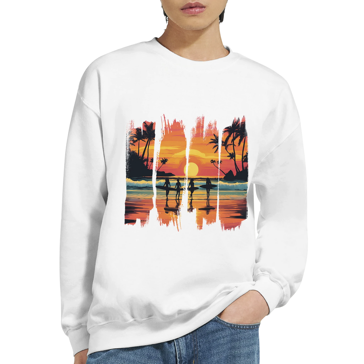 White sweatshirt with a colorful beach scene design on a white background