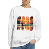 White sweatshirt with a colorful beach scene design on a white background