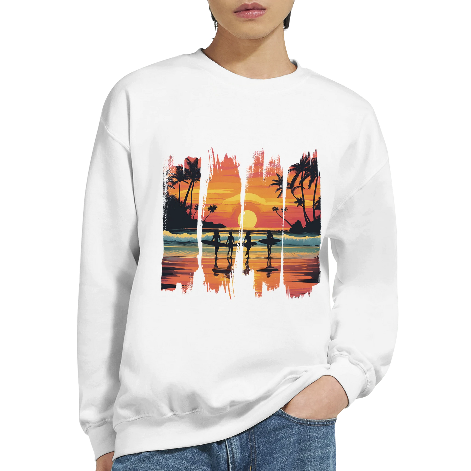 White sweatshirt with a colorful beach scene design on a white background