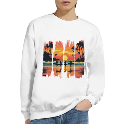 White sweatshirt with a colorful beach scene design on a white background