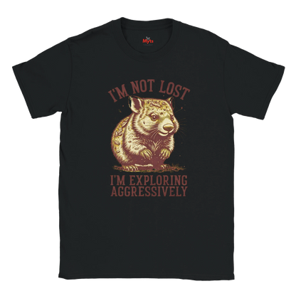 Black t-shirt with a graphic of a Wombat and text 'I'm not lost, I'm exploring aggressively' on a white background.
