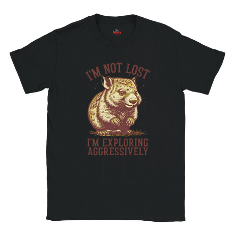 Black t-shirt with a graphic of a Wombat and text 'I'm not lost, I'm exploring aggressively' on a white background.